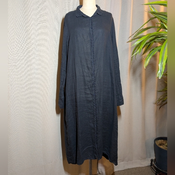 CP shades Navy Blue 100% Linen Midi Dress Long Sleeve Shirt Collar Dress Medium - Picture 2 of 10